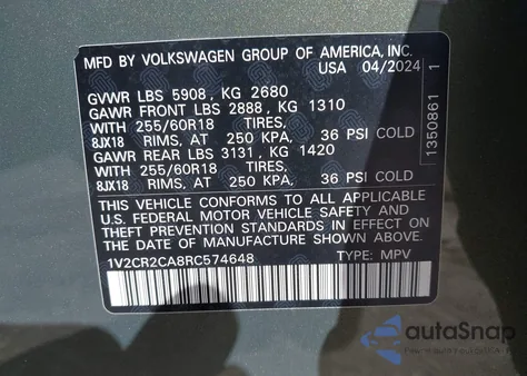 2024 Volkswagen Atlas 2.0T Peak Edition Se W/Technology from USA, damaged, VIN 1V2CR2CA8RC574648